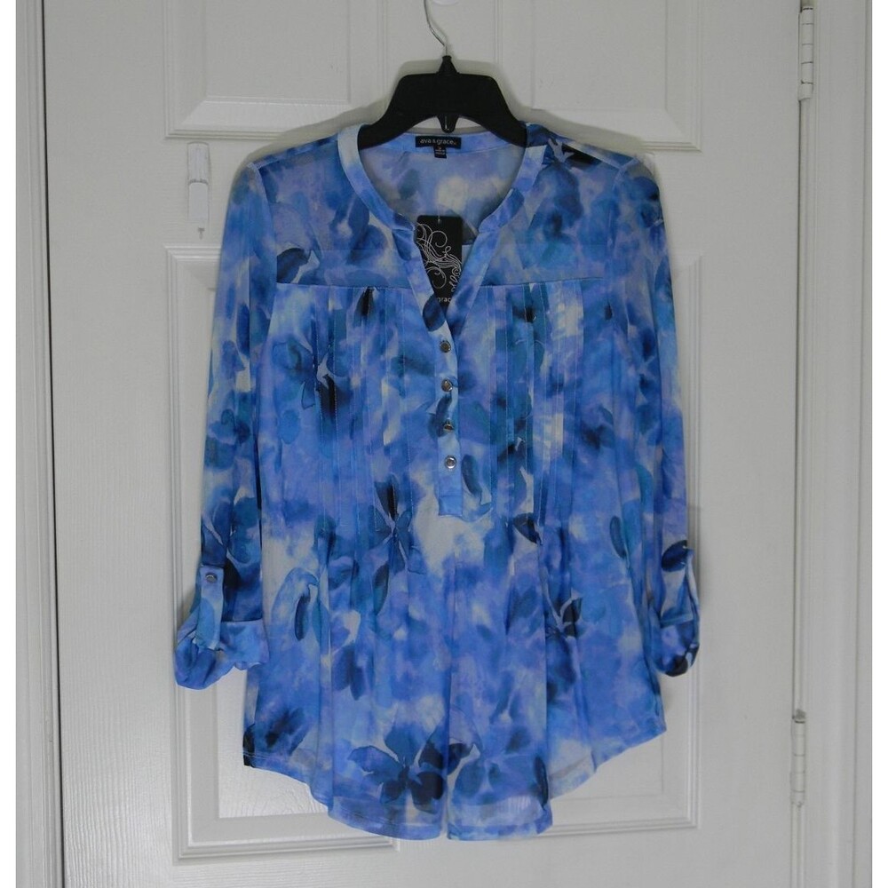 ava & grace Blue Floral Abstract 3/4 Sleeve Lightweight Careerwear NWT